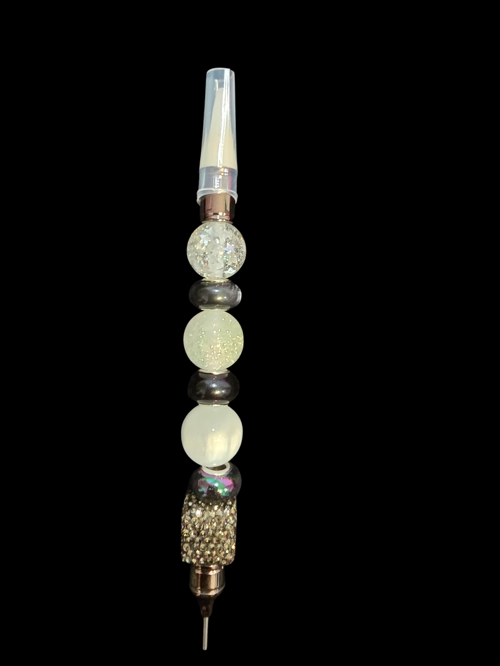 Handmade Iridescent Beaded Drop Pendant - White and Silver